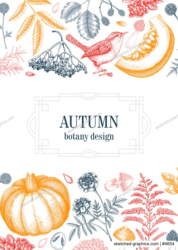 Vintage autumn frame design. Thanksgiving background. Fall leaves, pumpkins, berries, mushrooms sketches. Hand-drawn vector illustration. NOT AI generated