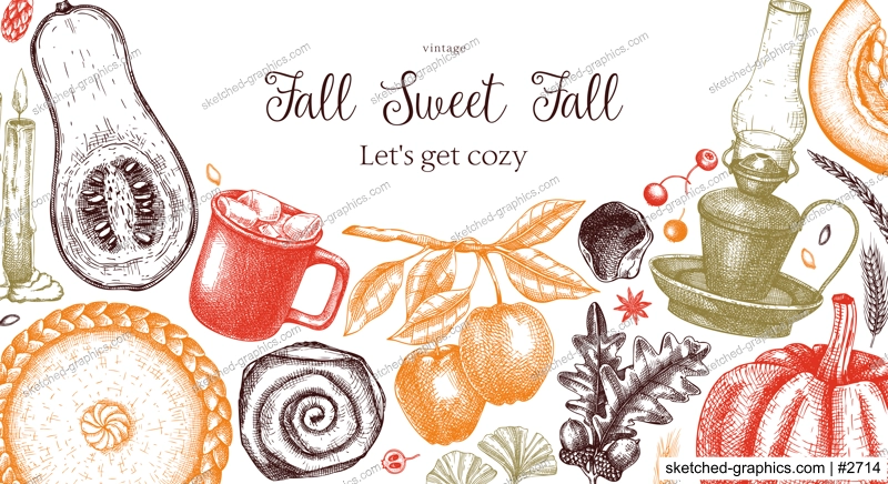 Vintage autumn frame design template. Hand-drawn vector illustration. Pumpkin, hot drink, fruit, pie, pastry, fall leaves sketches. Thanksgiving background in color.        