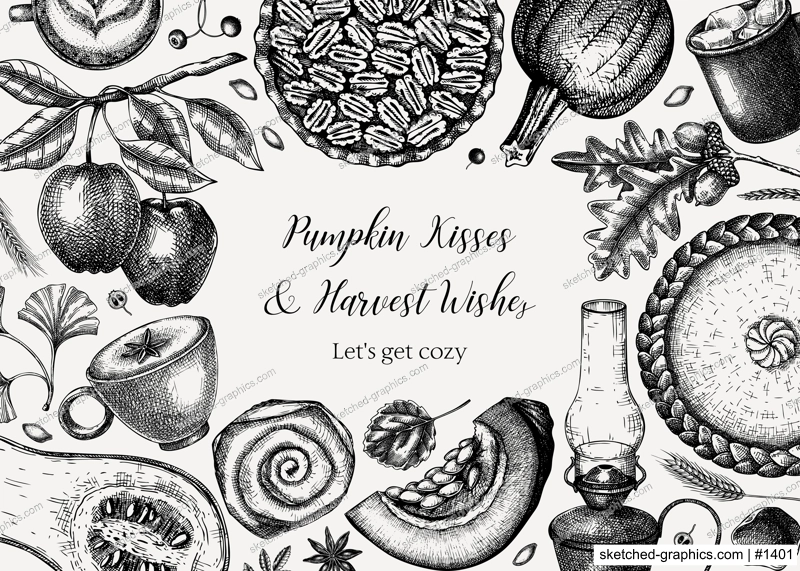 Vintage autumn frame design. Hand-drawn vector illustration. Pumpkin, hot drink, fruit, pie, pastry, fall leaves sketches. Thanksgiving background.           