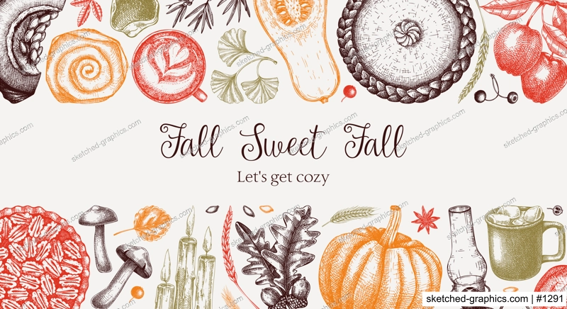 Vintage autumn frame design template. Hand-drawn vector illustration. Pumpkin, hot drink, fruit, pie, pastry, fall leaves sketches. Thanksgiving background in color.        