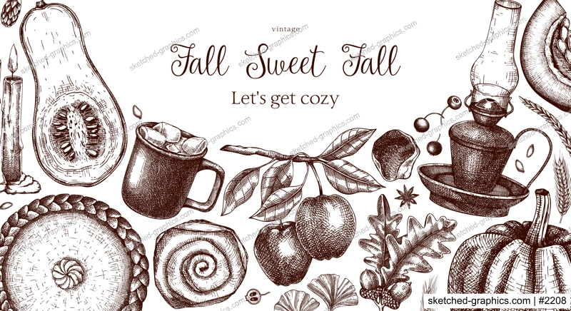 Vintage autumn frame design template. Hand-drawn vector illustration. Pumpkin, hot drink, fruit, pie, pastry, fall leaves sketches. Thanksgiving background 