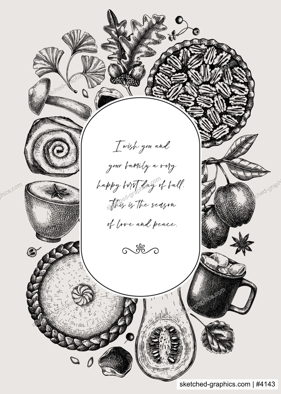 Autumn frame design template. Hand-drawn vector illustration. Pumpkin, hot drink, fruit, pie, pastry, fall leaves sketches. Thanksgiving background, banner, border