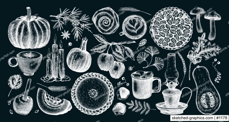 Vintage autumn hand-drawn vector illustration. Pumpkin, hot drink, fruit, pie, pastry, fall leaves sketches. Thanksgiving design elements on chalkboard