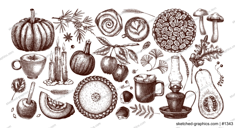 Vintage autumn hand-drawn vector illustration. Pumpkin, hot drink, fruit, pie, pastry, fall leaves sketches. Thanksgiving design elements in engraved style
