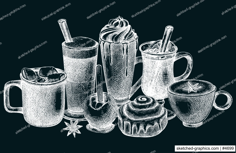 Vector collection of glassware with hot drinks. Sketched autumn drinks drawings. Mulled wine, coffee, hot chocolate, pumpkin latte, mugs, and desserts on chalkboard. Thanksgiving dinner beverages