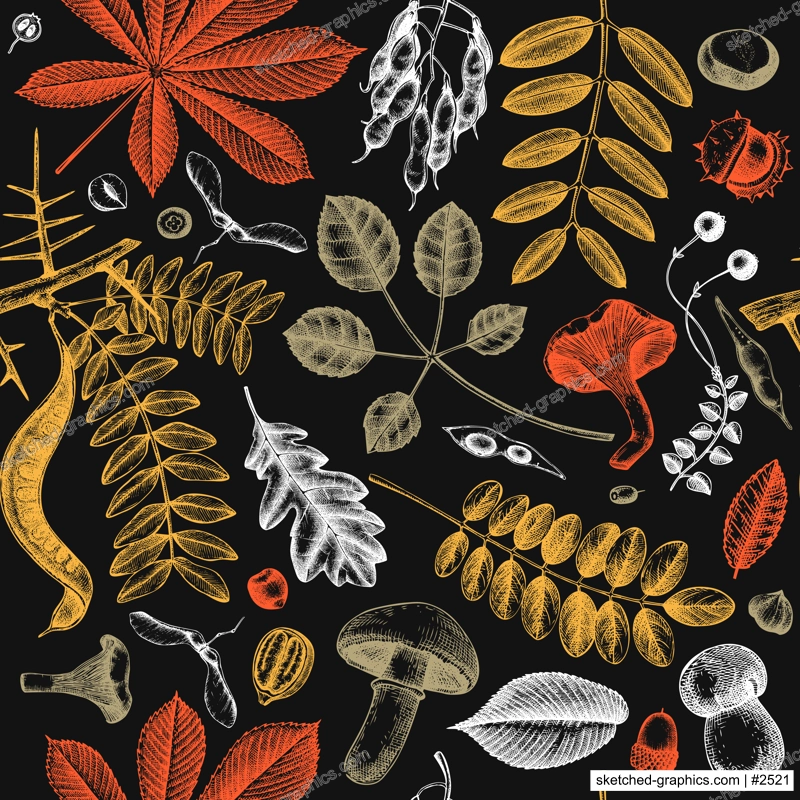 Autumn leaves seamless pattern. With hand sketched forest plants, pumpkins,nuts, berries, mushrooms illustrations. Perfect for invitation,  textile, wrapping, packaging. Elegant autumn backdrop