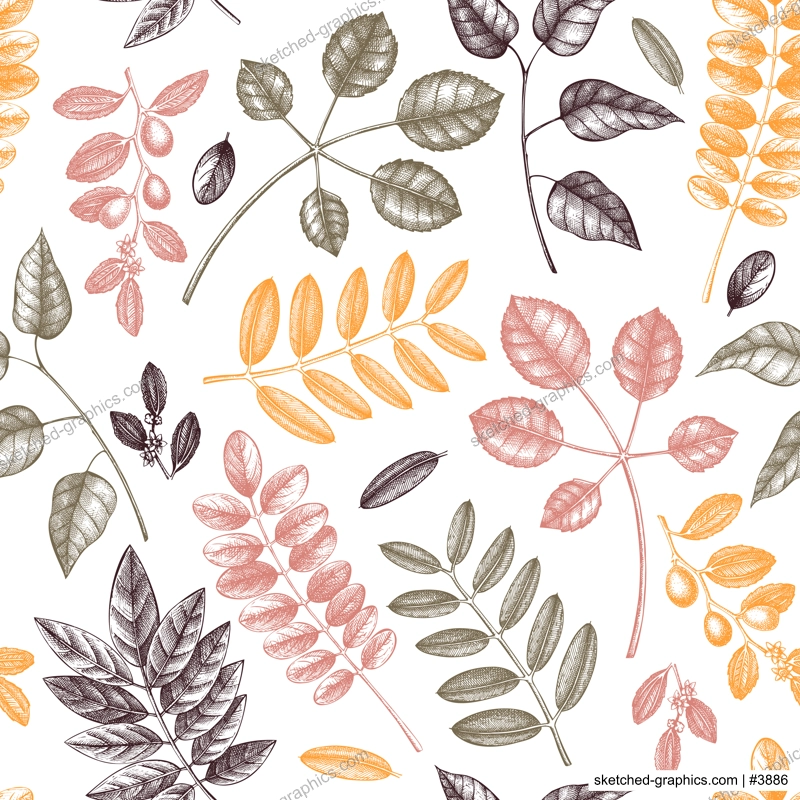 Autumn leaves seamless pattern. With hand sketched forest plants and foliage illustrations. Perfect for invitation, textile, wrapping, packaging. Elegant autumn backdrop