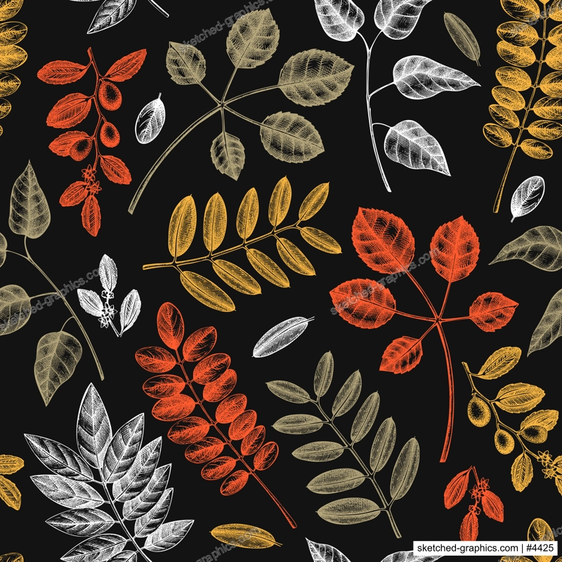 Autumn leaves seamless pattern. With hand sketched forest plants and foliage illustrations. Perfect for invitation, textile, wrapping, packaging. Elegant autumn backdrop