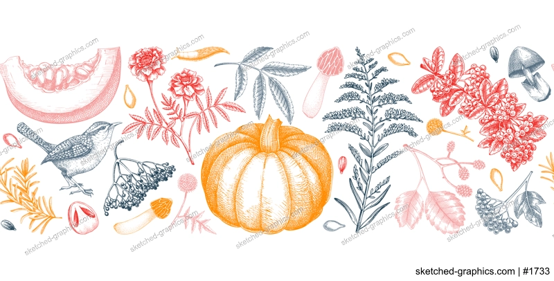 Warm autumn ribbon in sketch style. Fall leaves, pumpkins, berries, mushrooms  hand-drawn vector illustrations. Thanksgiving seamless pattern. NOT AI generated