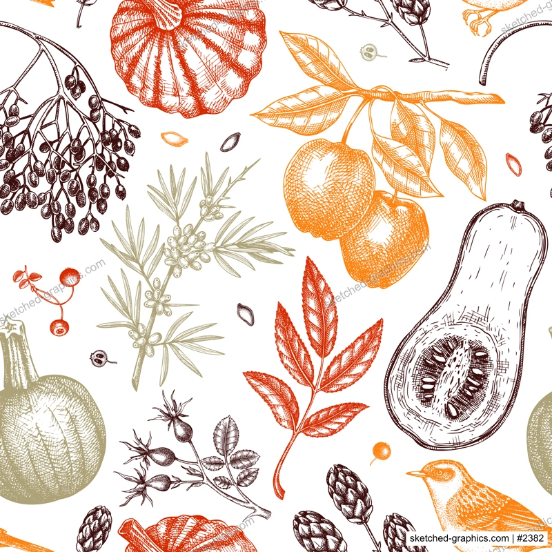 Autumn seamless pattern in sketched style. Botanical drawings of autumn leaves, pumpkins, berries, bird. Vintage fall plants hand drawn background. Thanksgiving day sketches background