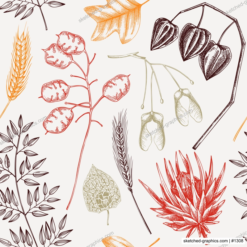 Autumn seamless pattern. Fall leaves background. Dried flowers sketches. Hand-drawn dried plant, fall leaves, mushrooms backdrop. For wrapping paper or fabrics