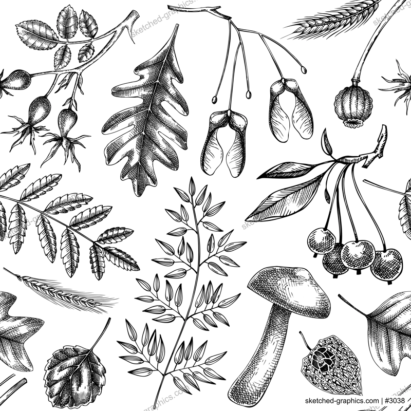 Autumn seamless pattern. Fall leaves background. Dried flowers sketches. Hand-drawn dried plant, fall leaves, mushrooms backdrop. For wrapping paper or fabrics