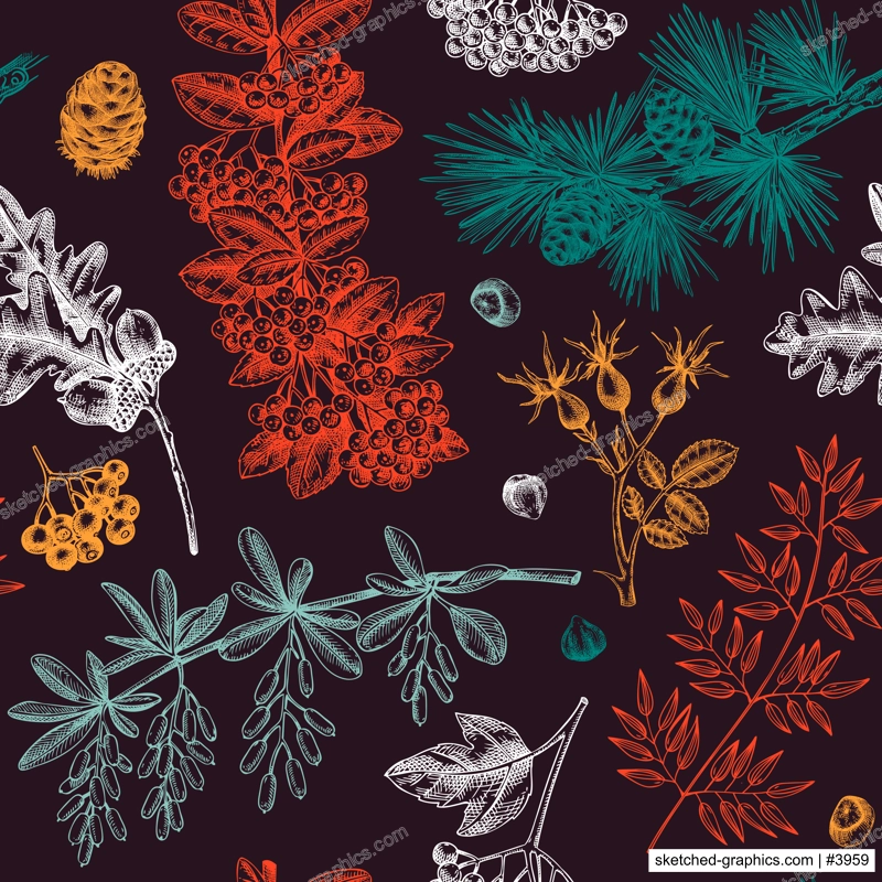 Autumn seamless pattern. Hand drawn vector illustrations. Fall leaves, tree branches and autumn plant sketches. Botanical repeating texture. Fall leaves background. Vintage nature design for print,