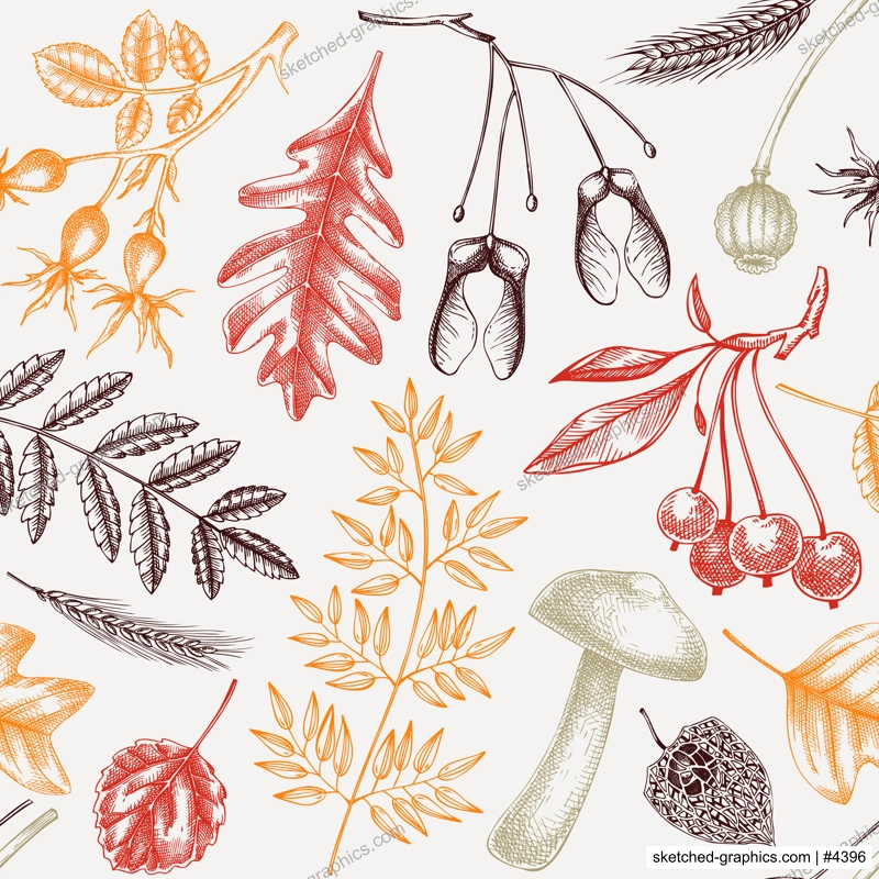 Autumn seamless pattern. Fall leaves background. Dried flowers sketches. Hand-drawn dried plant, fall leaves, mushrooms backdrop. For wrapping paper or fabrics