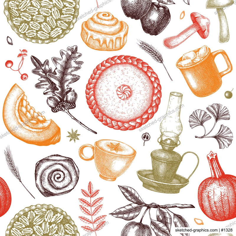 Autumn seamless pattern. Hand-drawn vector illustration. Pumpkin, hot drink, fruit, pie, pastry, fall leaves sketches. Thanksgiving background in color