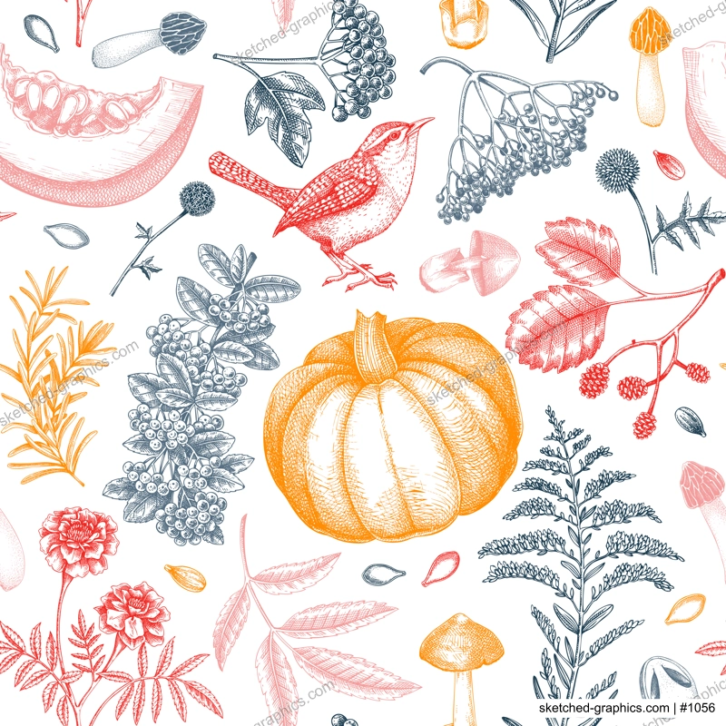Vintage autumn seamless pattern. Thanksgiving background. Fall leaves, pumpkins, berries, mushrooms sketches. Hand-drawn vector illustration. NOT AI generated