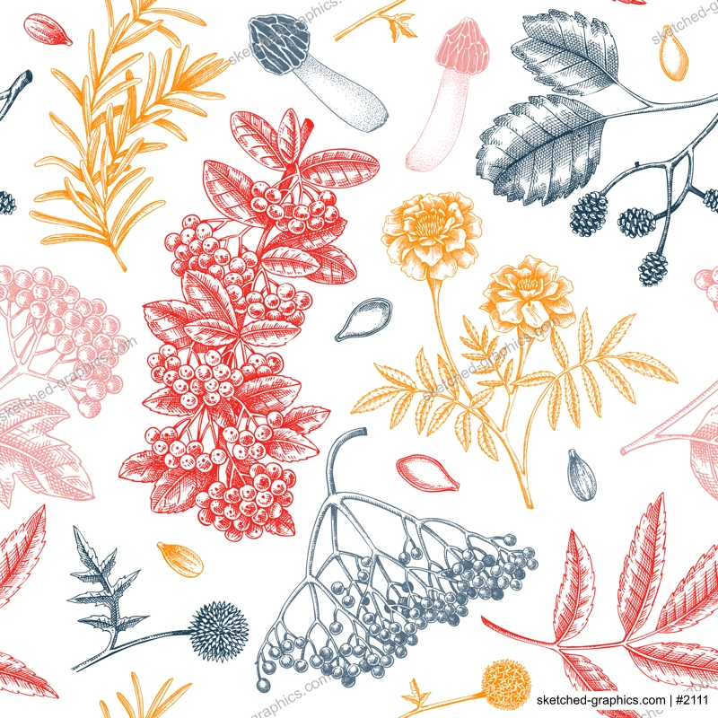 Vintage autumn seamless pattern. Thanksgiving background. Fall leaves, pumpkins, berries, mushrooms sketches. Hand-drawn vector illustration. NOT AI generated