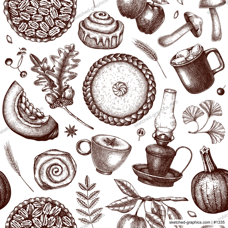 Autumn seamless pattern. Hand-drawn vector illustration. Pumpkin, hot drink, fruit, pie, pastry, fall leaves sketches. Vintage Thanksgiving background