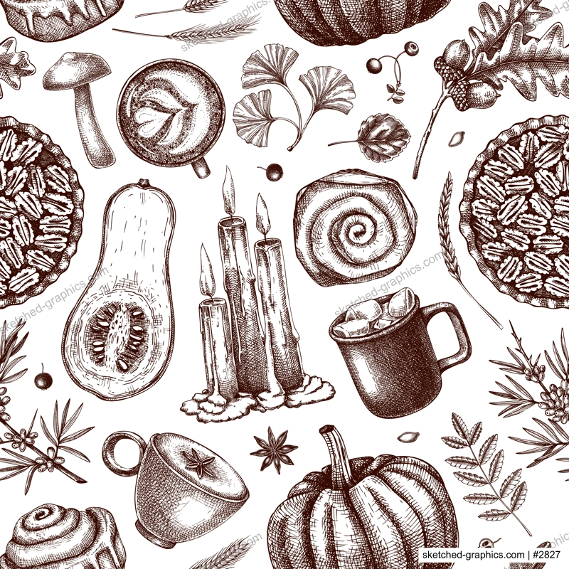 Autumn seamless pattern. Hand-drawn vector illustration. Pumpkin, hot drink, fruit, pie, pastry, fall leaves sketches. Vintage Thanksgiving background