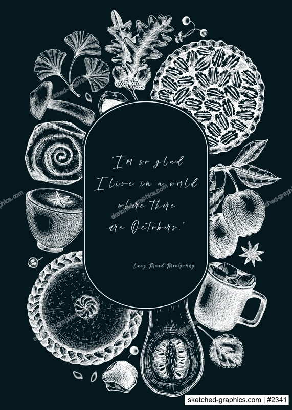 Autumn wreath design template. Hand-drawn vector illustration on chalkboard. Pumpkin, hot drink, fruit, pie, pastry, fall leaves sketches. Vintage fall card or invitation. Thanksgiving background