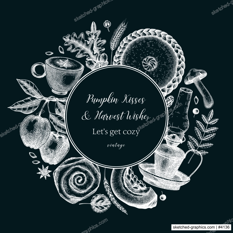 Chalkboard autumn wreath design template. Hand-drawn vector illustration. Pumpkin, hot drink, fruit, pie, pastry, fall leaves sketches. Vintage Thanksgiving background