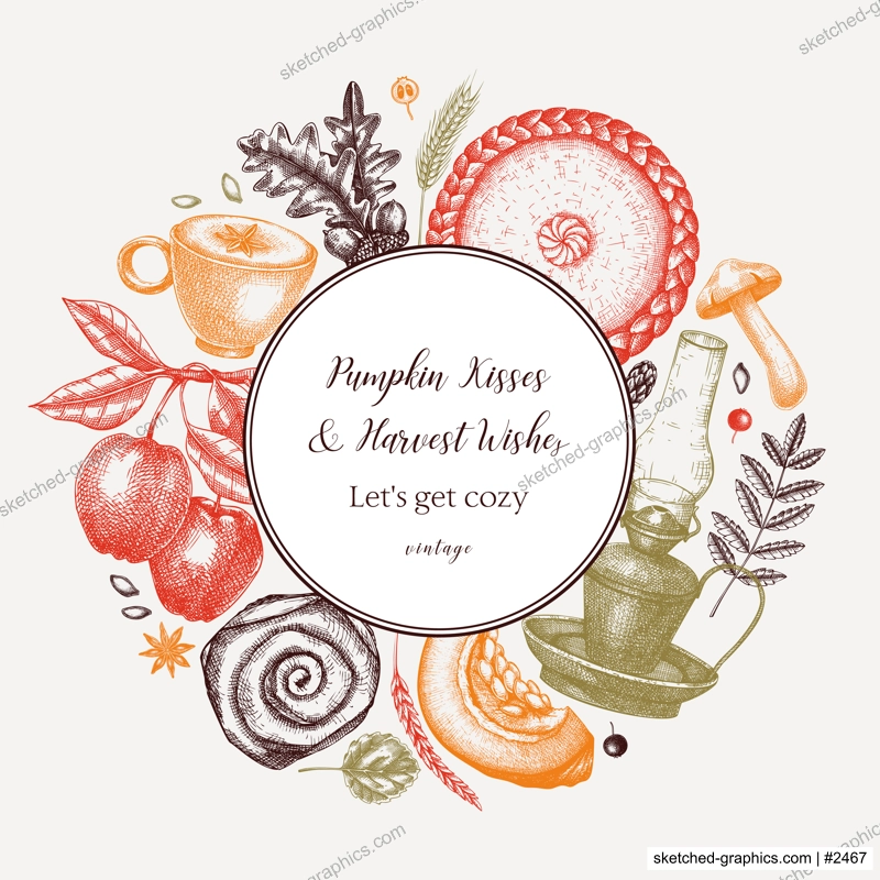 Autumn wreath design template. Hand-drawn vector illustration. Pumpkin, hot drink, fruit, pie, pastry, fall leaves sketches. Fall card or invitation. Thanksgiving background
