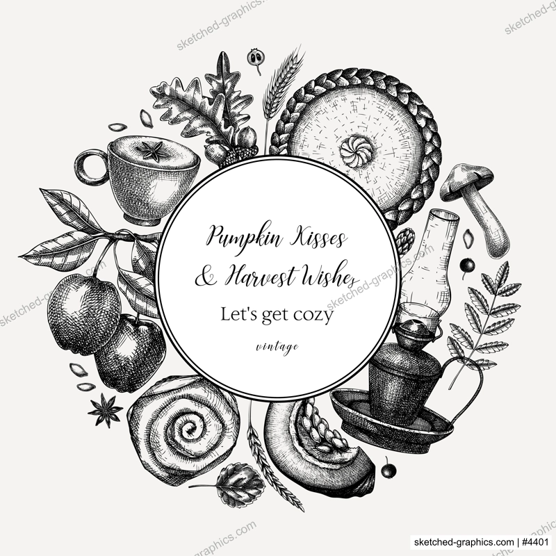 Autumn wreath design template. Hand-drawn vector illustration. Pumpkin, hot drink, fruit, pie, pastry, fall leaves sketches. Vintage fall card or invitation. Thanksgiving background