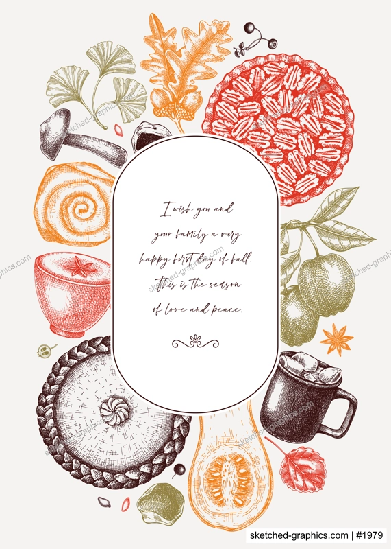 Autumn wreath design template. Hand-drawn vector illustration. Pumpkin, hot drink, fruit, pie, vegetables, pastry, fall leaves sketches. Harvest banner n color. Thanksgiving background