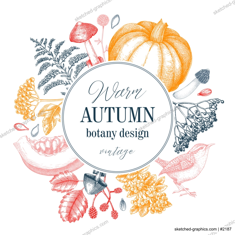 Vintage autumn wreath design. Thanksgiving background. Fall leaves, pumpkins, berries, mushrooms sketches. Hand-drawn vector illustration. NOT AI generated
