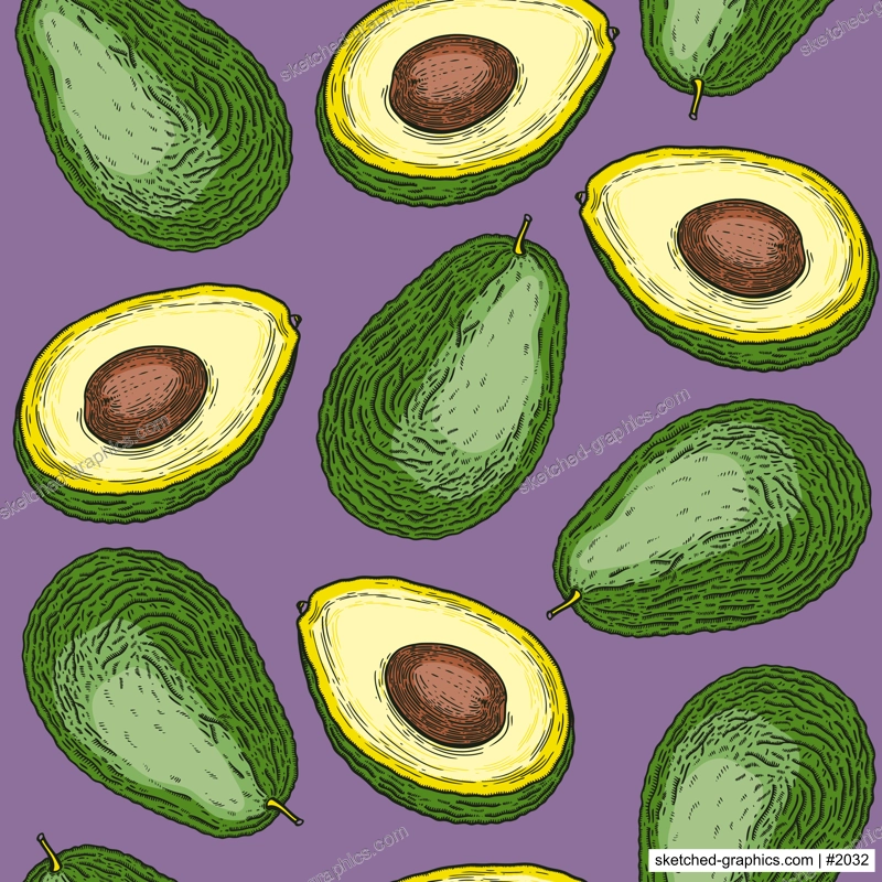 Green avocado fruits background design. Seamless healthy vegan food pattern. Colored flat vector illustration for textile, packaging, print. Whole avocado fruit, cut half piece with core backdrop.