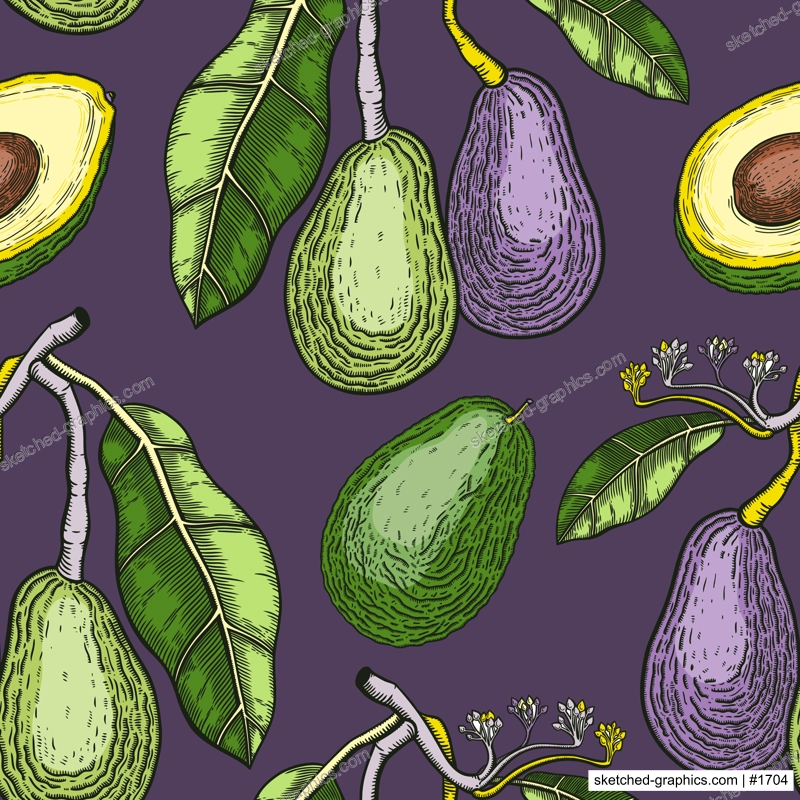 Green avocado background design. Flat fruit branches, flowers, whole avocado, cut half piece in colors. Seamless healthy food pattern. Vector plant illustration for textile, packaging, print. 