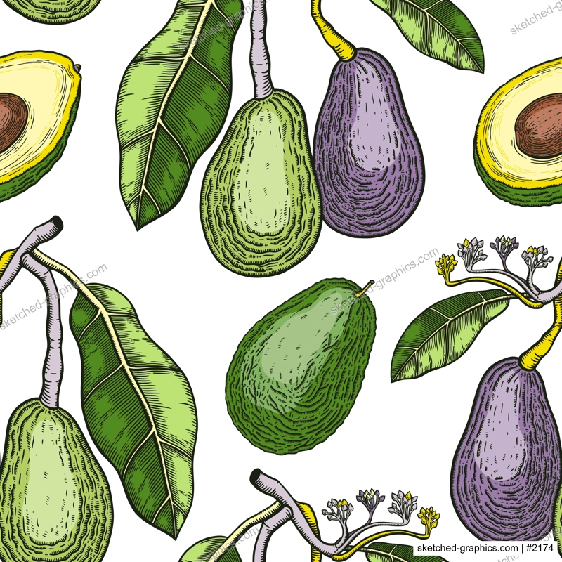 Green avocado background design. Flat fruit branches, flowers, whole avocado, cut half piece in colors. Seamless healthy food pattern. Vector plant illustration for textile, packaging, print. 