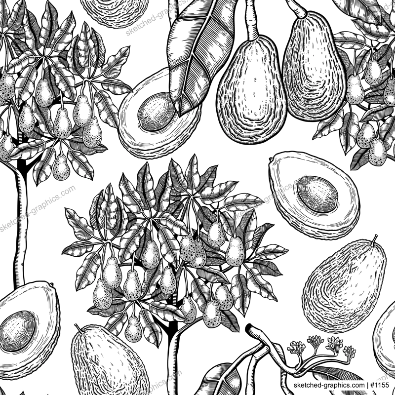 Avocado tree background design. Decorative fruit branches, flowers, whole avocado, cut half piece black outlines. Seamless healthy food pattern. Vector plant illustration for textile or prints