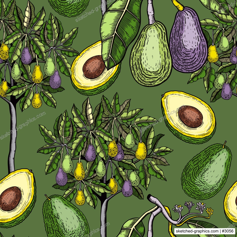 Green avocado tree design. Flat fruit branches, flowers, whole avocado, cut half piece in colors. Seamless healthy food pattern. Vector plant illustration isolated on white background