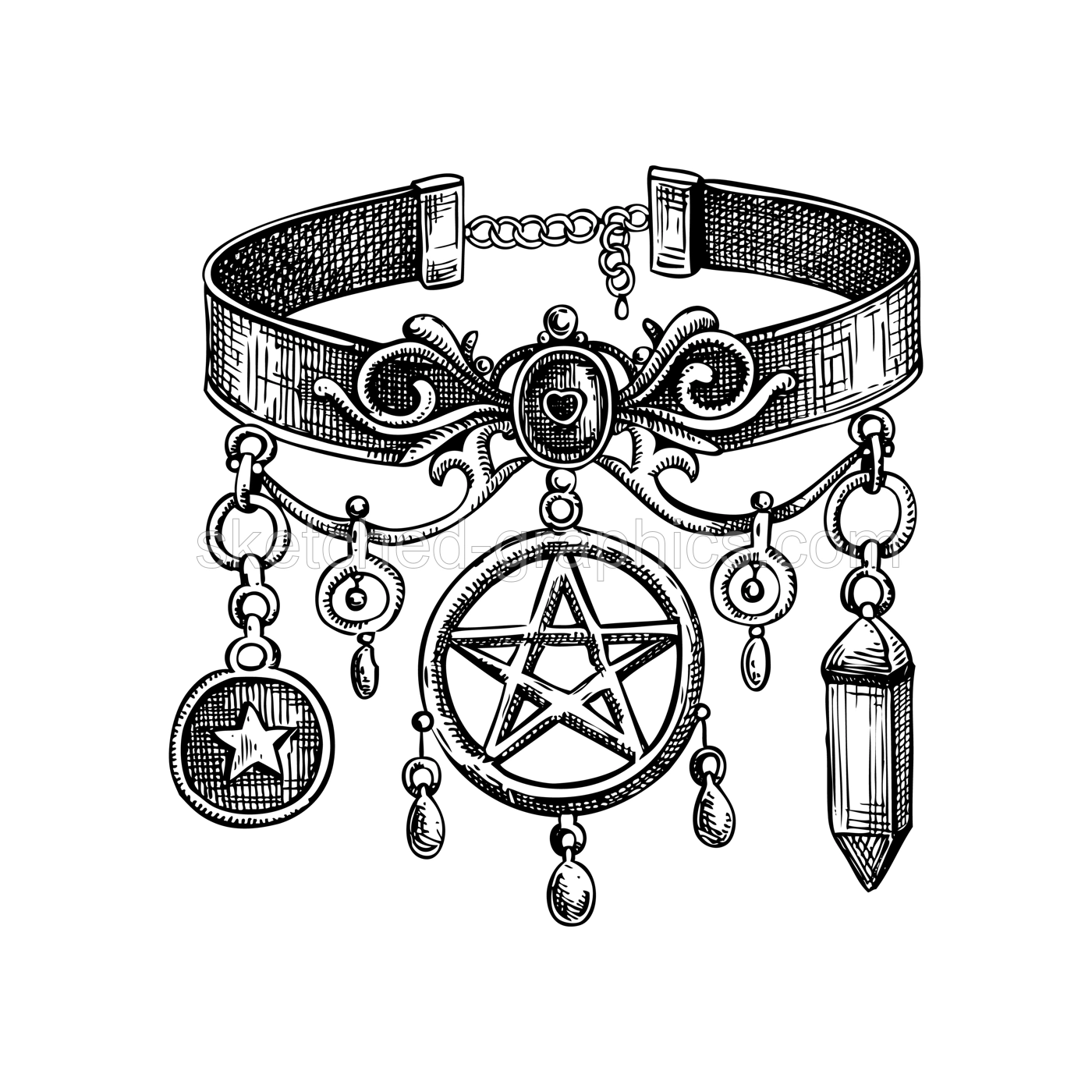 Witch choker vector sketch. Romantic gothic fashion illustration. Dark academia, Halloween  accessories. Hand drawn historical costume design. NOT AI generated Illustration