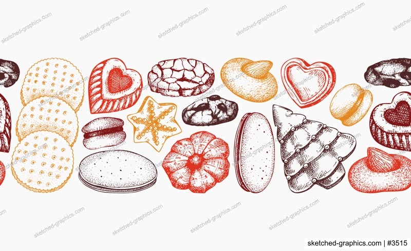 Bakery shop seamless pattern. Cookies background in color. Cookies with almond, chocolate, jam, crackers, chips hand drawn illustrations. Popular pastry ribbon for print, banner, packaging design
