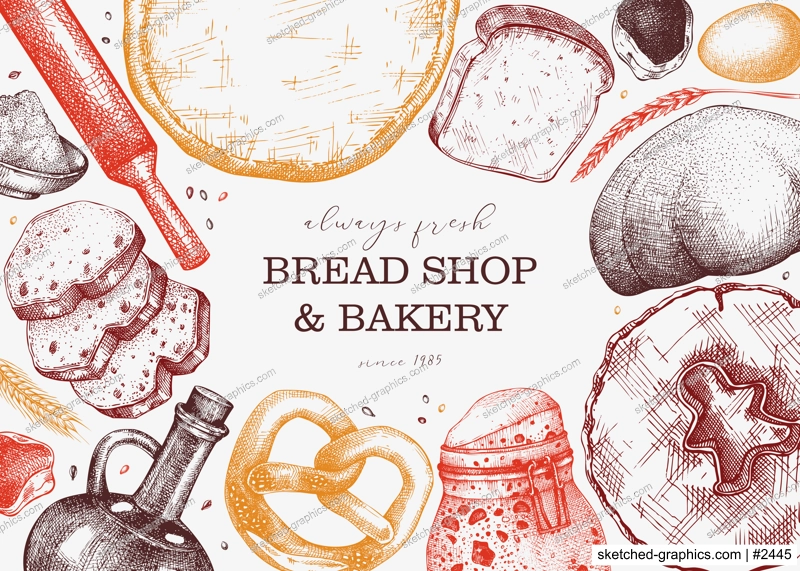 Vintage bakery shop background. Vector frame with baking ingredients, pastries, and bread sketches in color. Hand drawn food illustration for bakery store, cafe menu, banner design. 