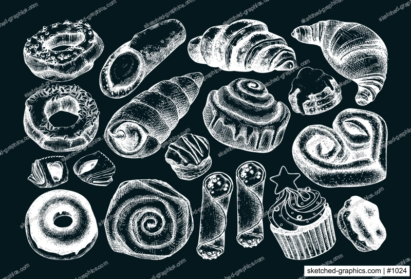 Vector collection of illustrations for bakery shop, cooking on chalkboard. Hand drawn sweet products, desserts, pastries, baking goods in sketch style. 