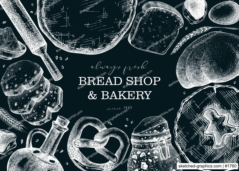 Vintage bakery shop background. Vector frame with baking ingredients, pastries, and bread sketches on chalkboard. Hand drawn food illustration for bakery store, cafe menu, banner design. 