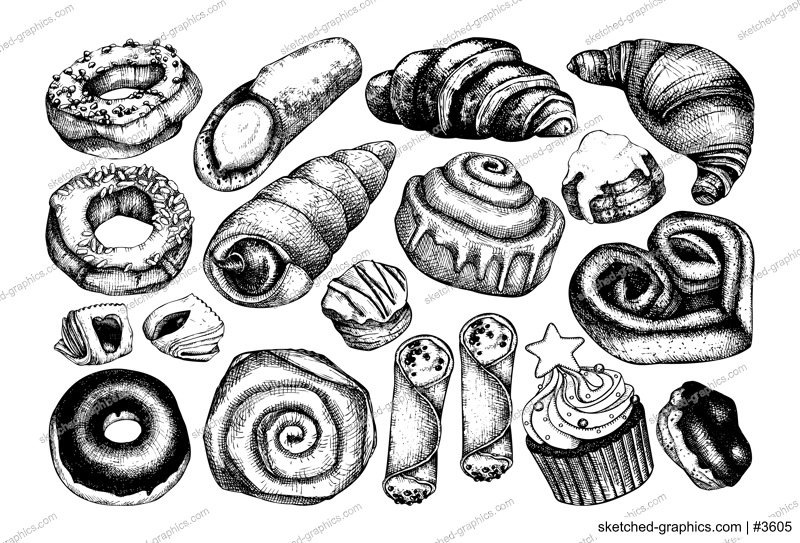 Vector collection of illustrations for bakery shop, cooking isolated on white background. Hand drawn sweet products, desserts, pastries, baking goods in sketch style.