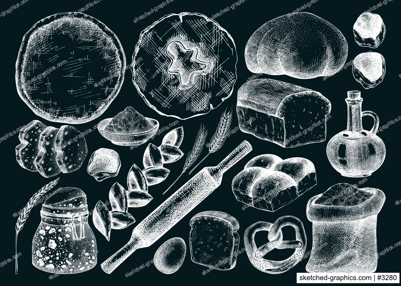 Vector collection of cooking ingredients, sweet products, bread. Hand drawn illustration for bakery, baking goods shop, recipes isolated on chalkboard. Vintage food sketches on chalkboard