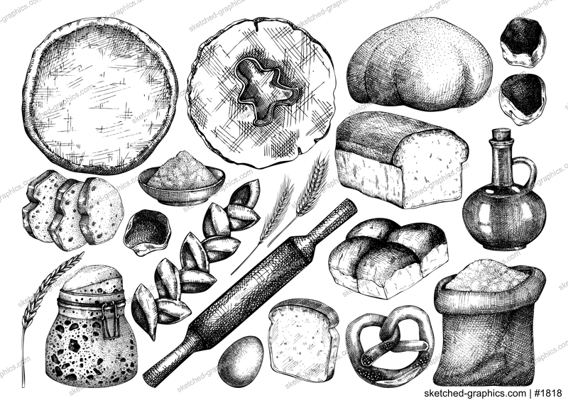 Vector collection of cooking ingredients, sweet products, bread. Hand drawn illustration for bakery, baking goods shop, recipes isolated on white backgraound. Vintage food sketches