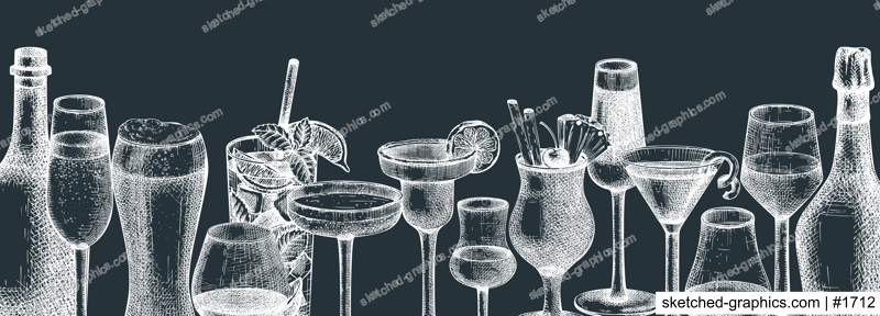 Vector bar design with hand-sketched alcoholic drinks illustration. Vintage bottles and glasses sketch background. Alcoholic beverages retro banner template isolated on chalkboard.