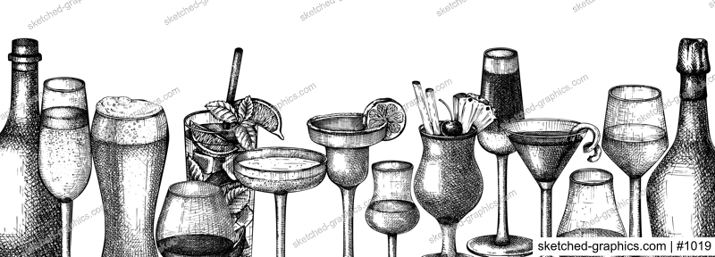 Vector bar design with hand-sketched alcoholic drinks illustration. Vintage bottles and glasses sketch background. Alcoholic beverages retro banner template isolated on white background
