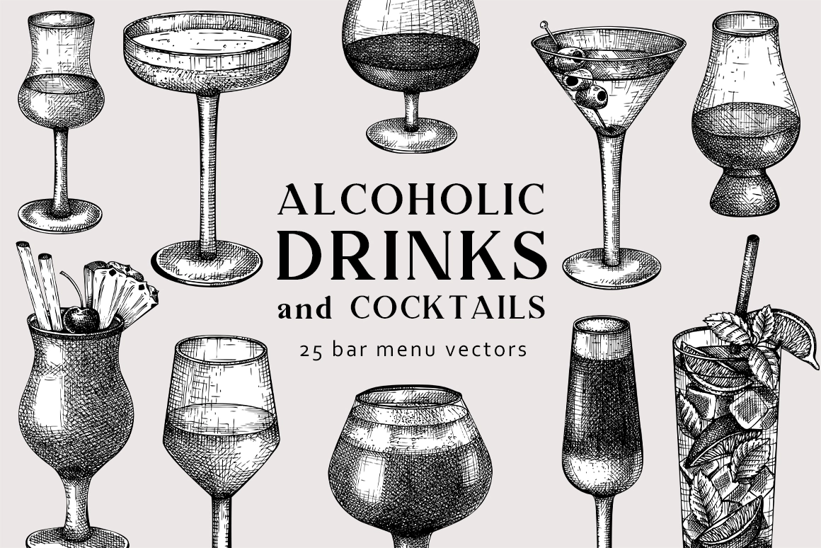 Alcoholic drinks and cocktails illustrations. Vector sketches for bar menu design.  Illustration