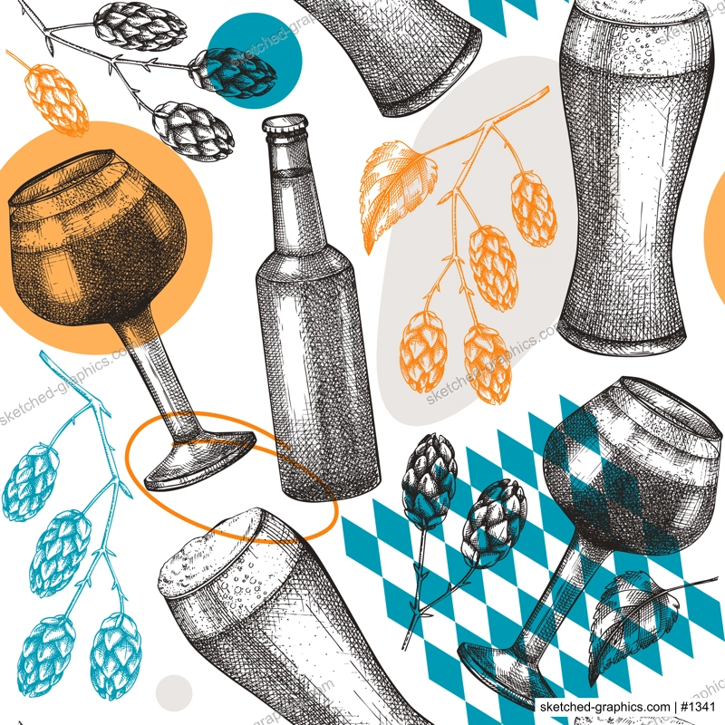 Trendy beer background in collage style. Vector seamless pattern with hop, beer glasses and bottle for pub, bar. Modern graphics backdrop for bar or restaurant menu design, packaging, textile.