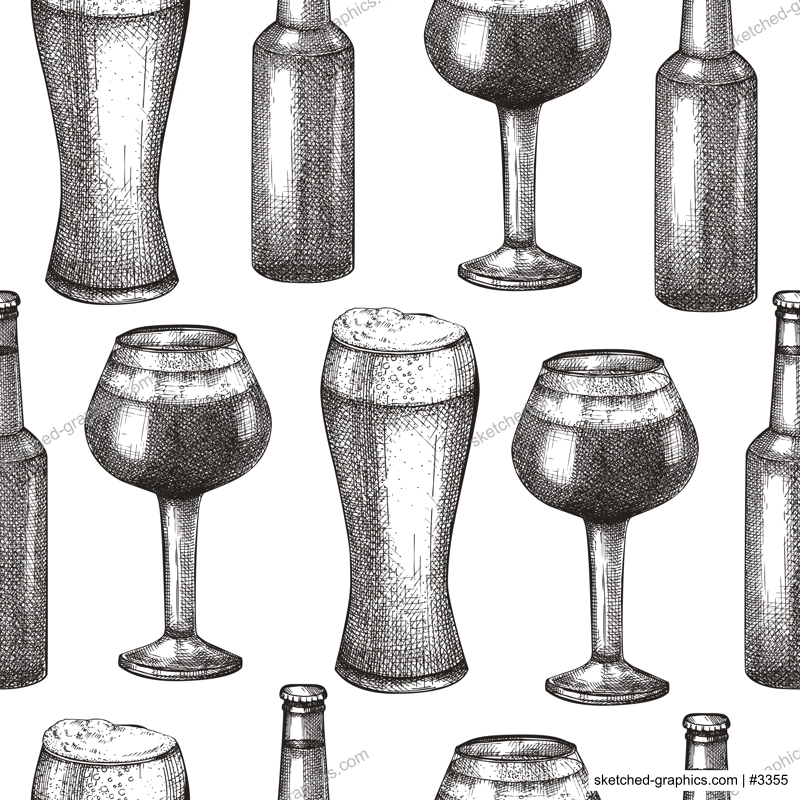 Sketched beer background in vintage style. Vector seamless pattern with beer glasses and bottle for pub, bar. Black and white backdrop for bar or restaurant menu design, packaging, textile.