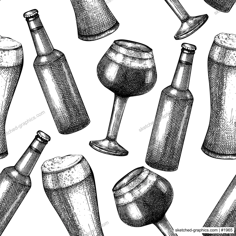 Sketched beer background in vintage style. Vector seamless pattern with beer glasses and bottle for pub, bar. Black and white backdrop for bar or restaurant menu design, packaging, textile.