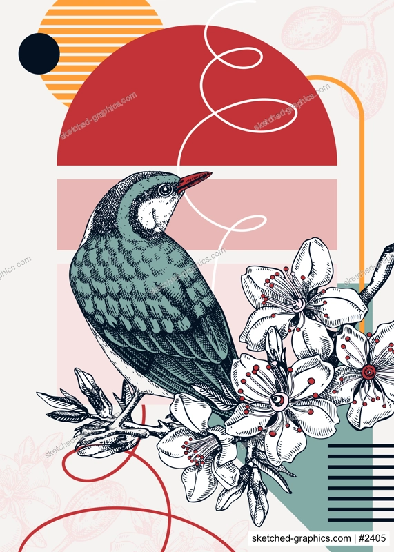 Collage-style bird cards set. Sketched birds trendy poster collection. Creative designs with botanical illustrations, geometric shapes, and abstract elements for nature print, wall art, packaging. 