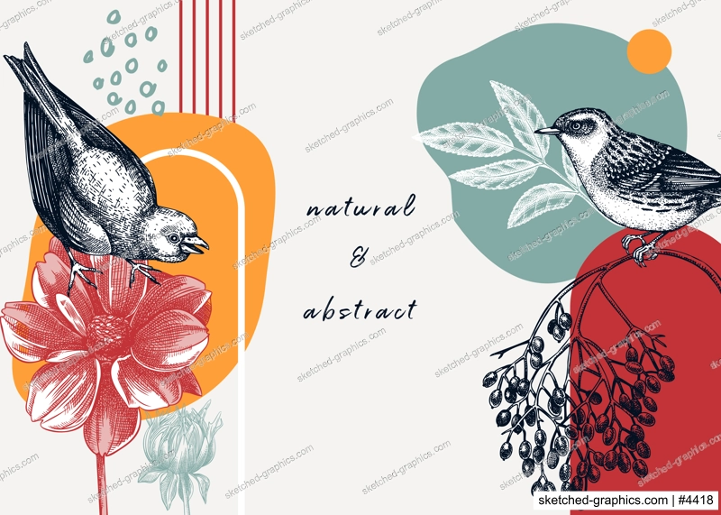 Collage style bird background. Sketched bird trendy frame. Creative background with botanical illustration, geometric shapes, and abstract elements. Perfect for print, wall art, packaging